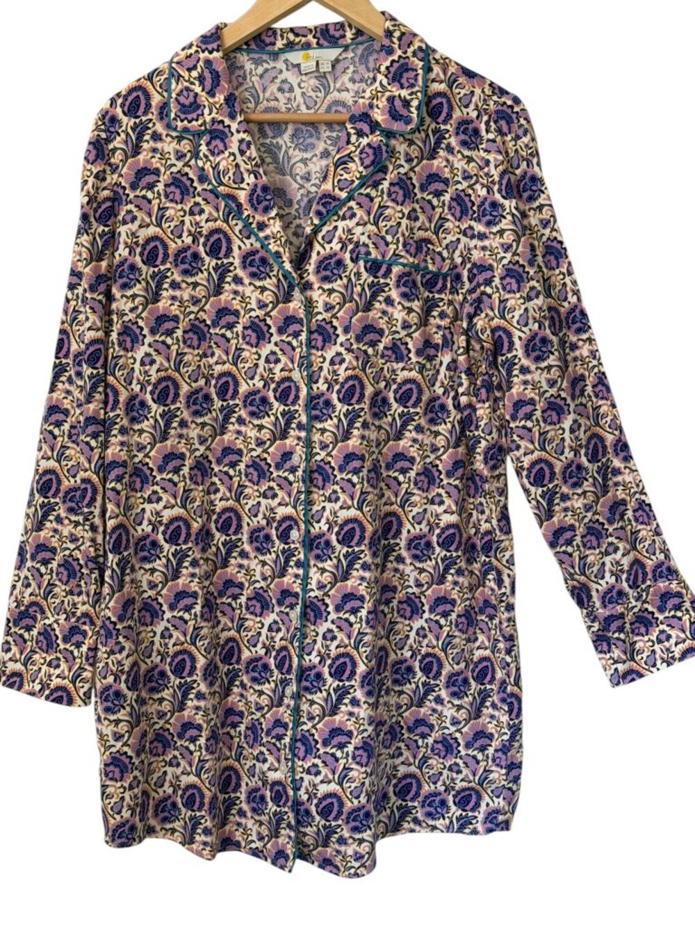 Boden Classic Cotton Paisley Floral Boho Long-Sleeve Nightshirt Teal Purple 10